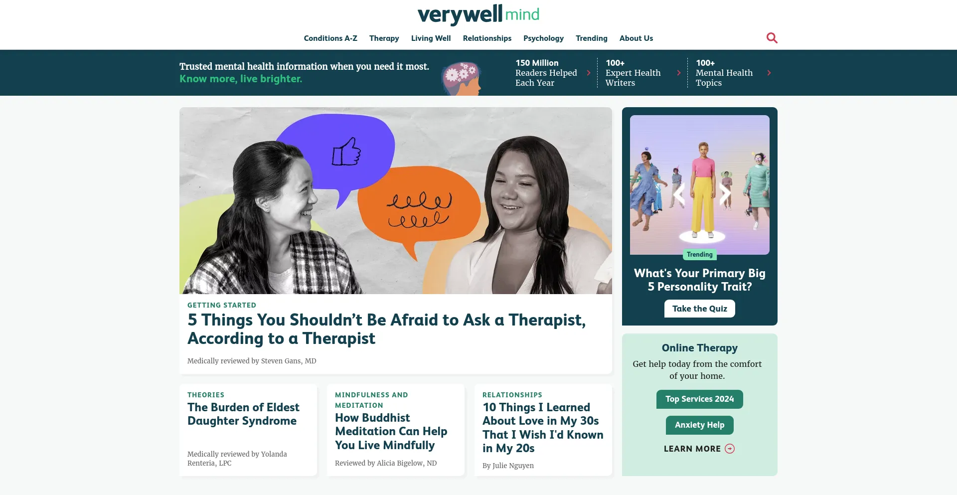 Screenshot of verywellmind.com homepage