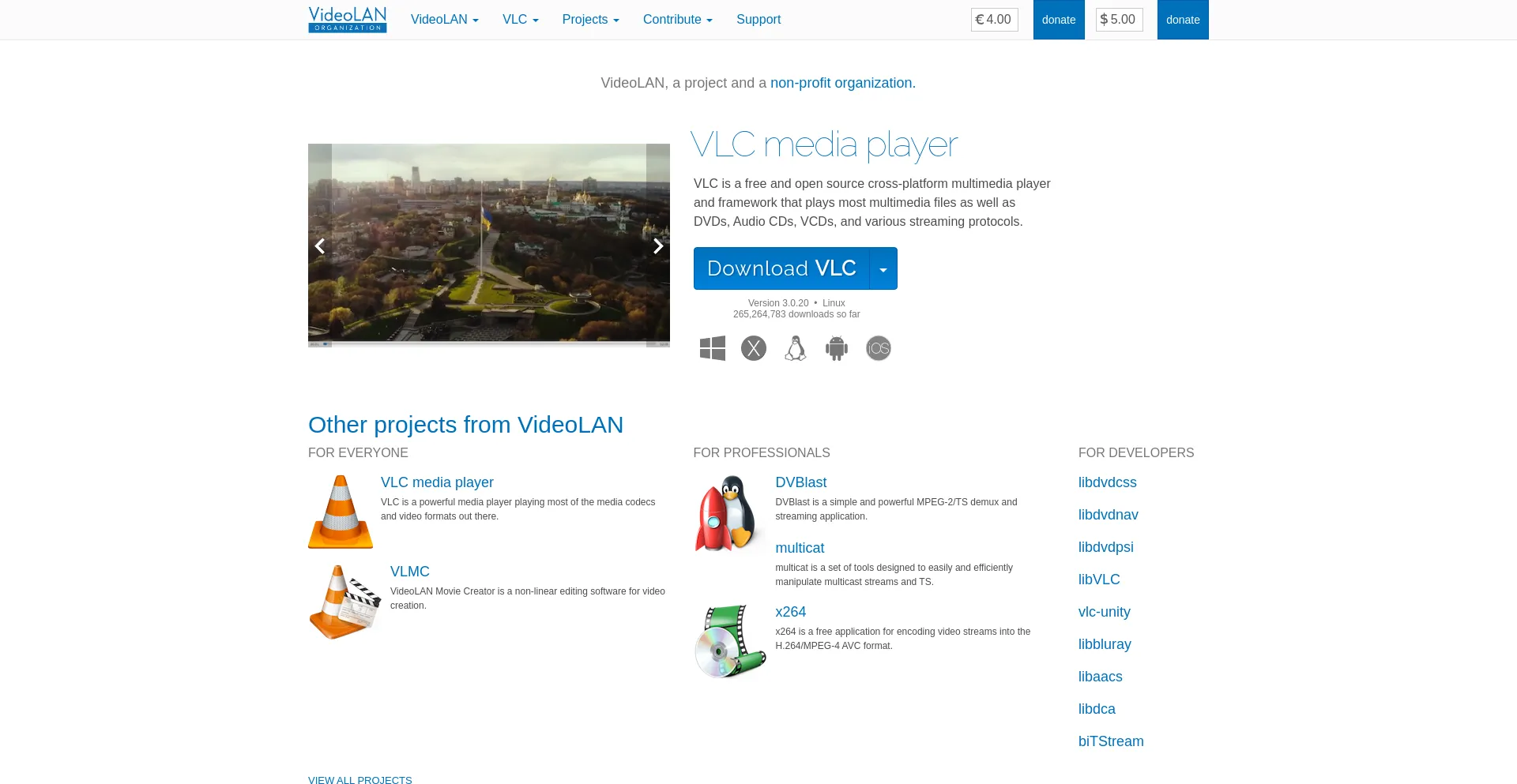 Screenshot of videolan.org homepage