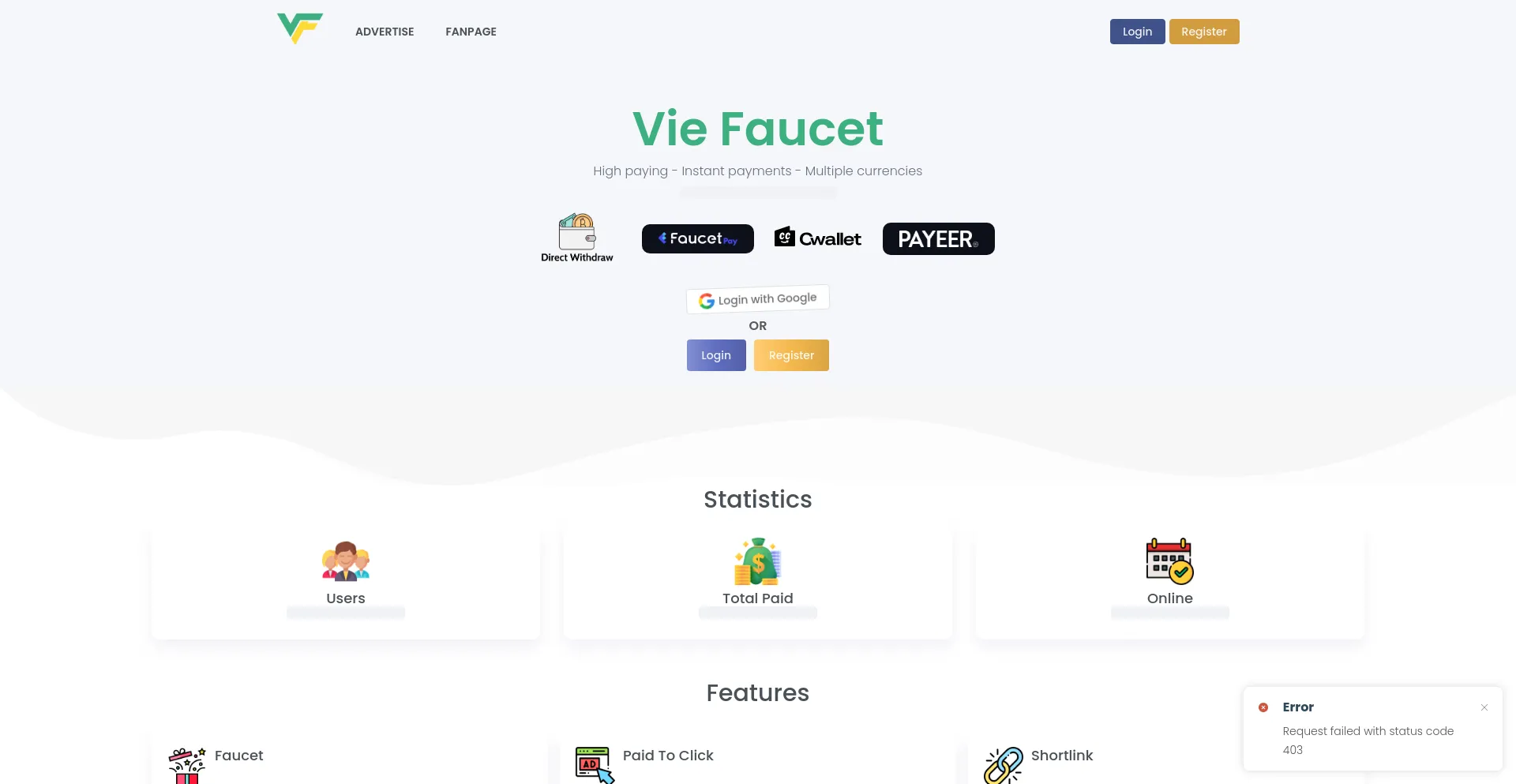 Screenshot of viefaucet.com homepage