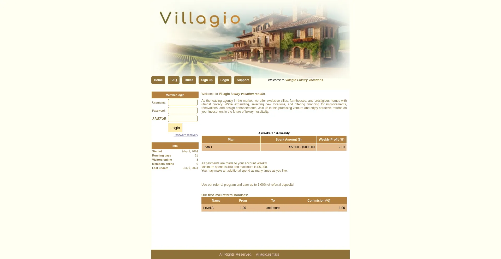 Screenshot of villagio.rentals homepage