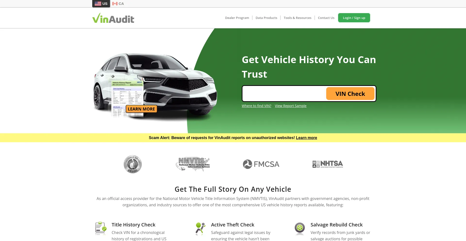 Screenshot of vinaudit.com homepage