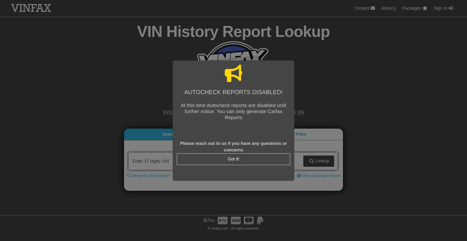 Screenshot of vinfax.com homepage