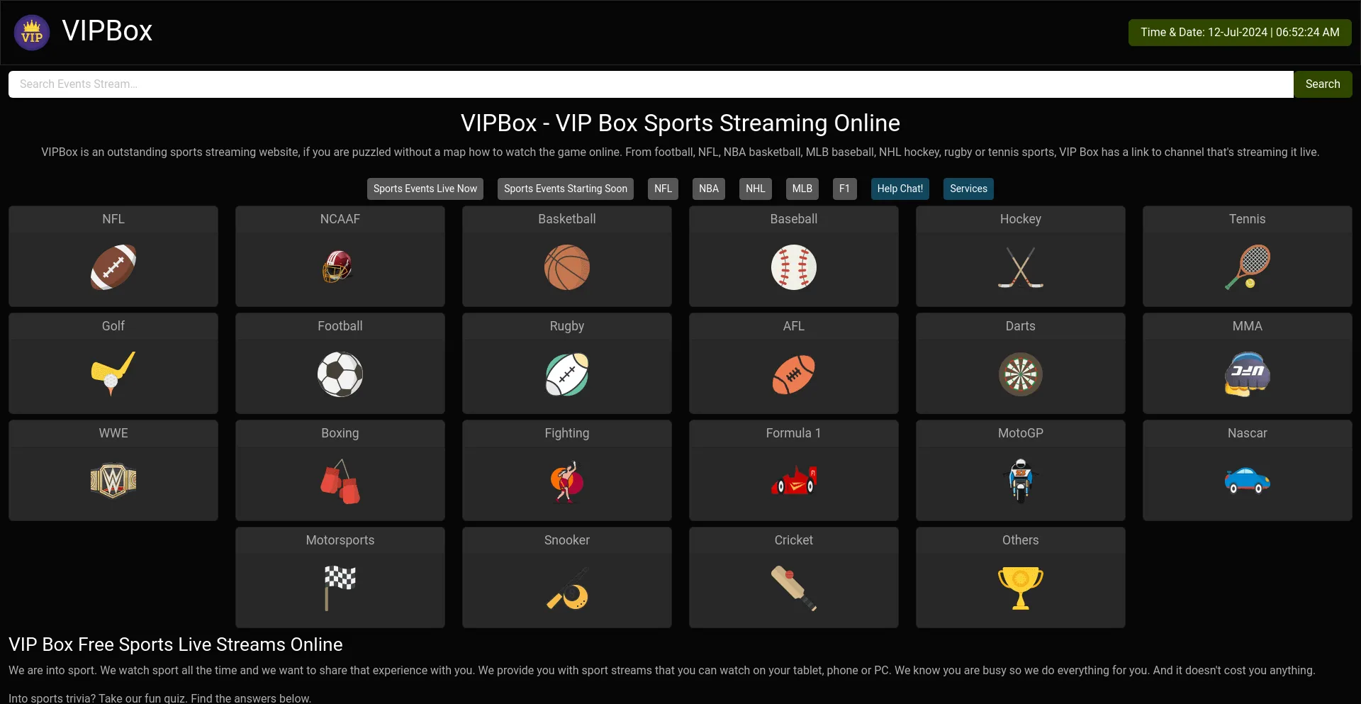 Screenshot of vipbox.lc homepage