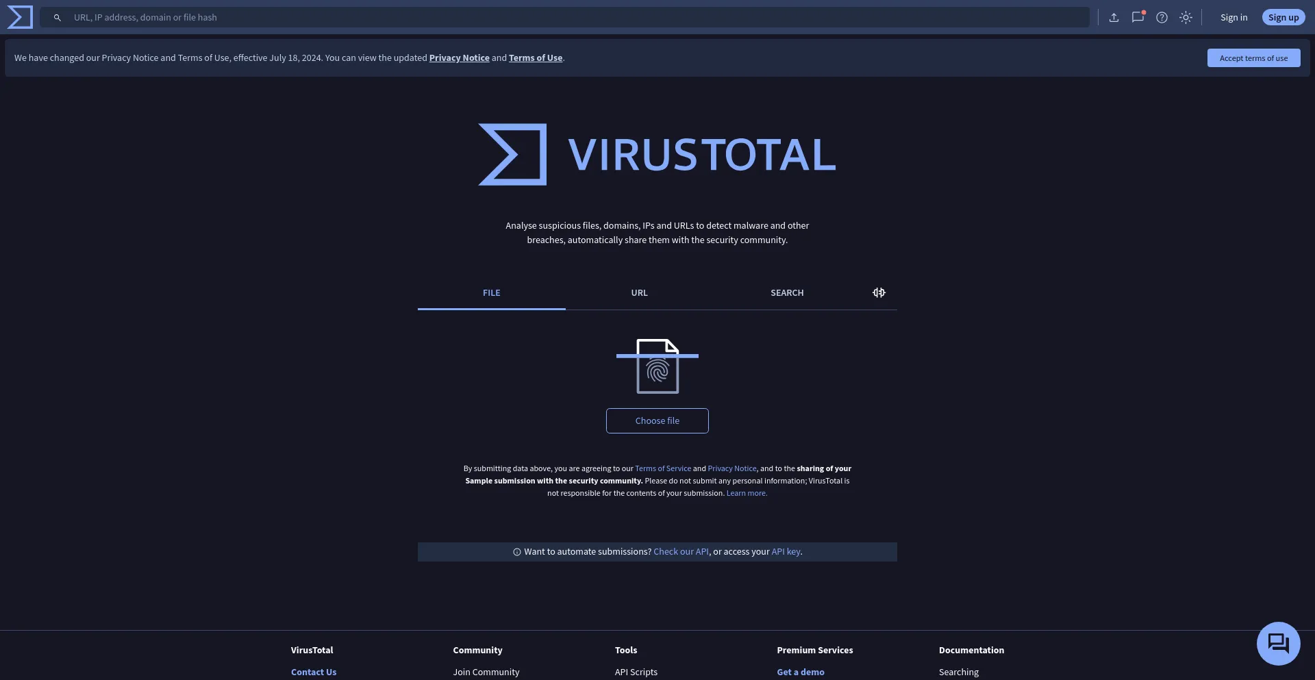 Screenshot of virustotal.com homepage