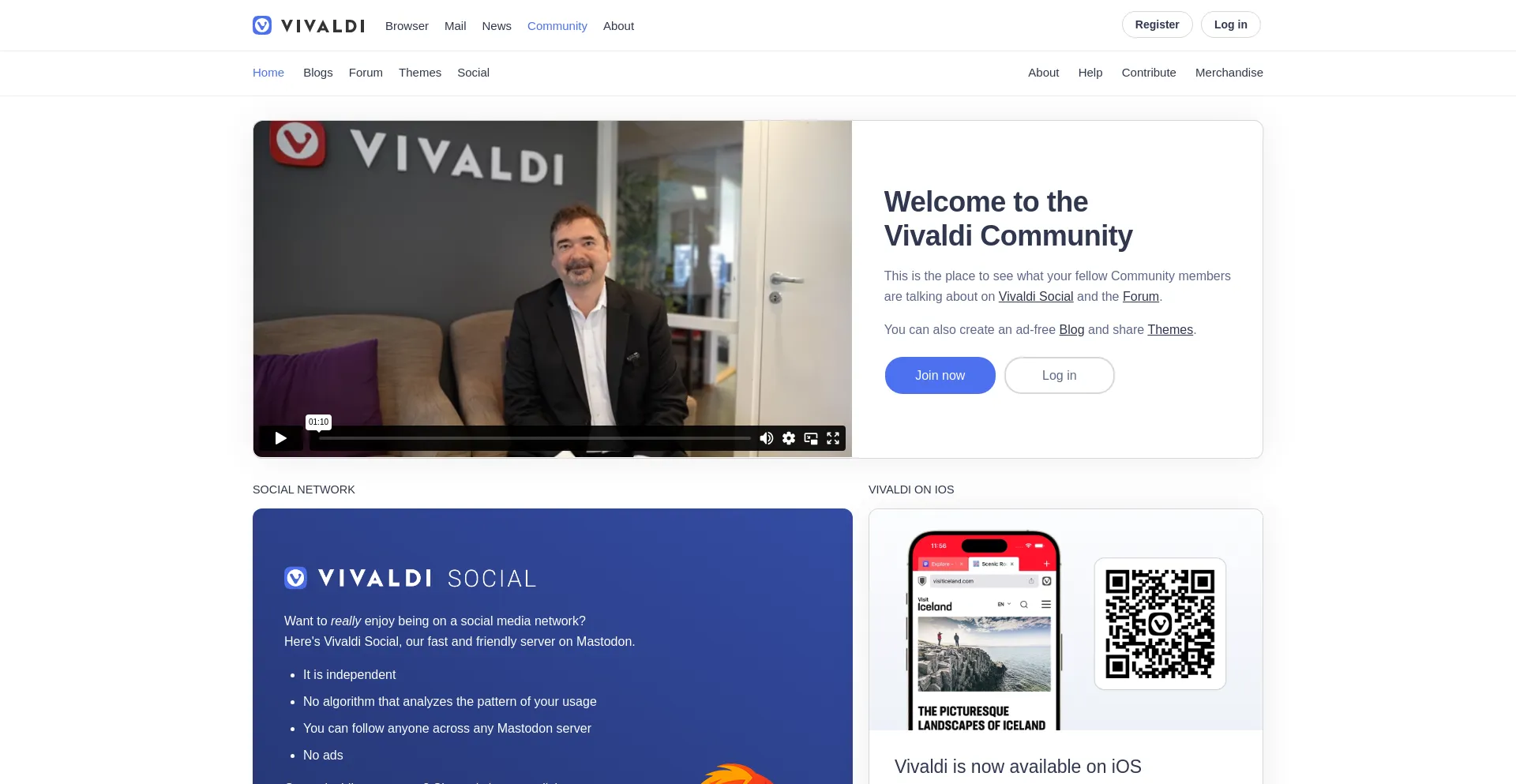 Screenshot of vivaldi.net homepage