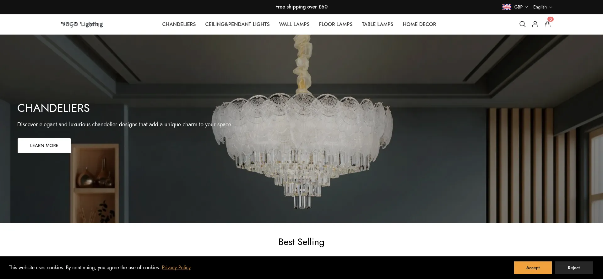 Screenshot of vogolighting.com homepage