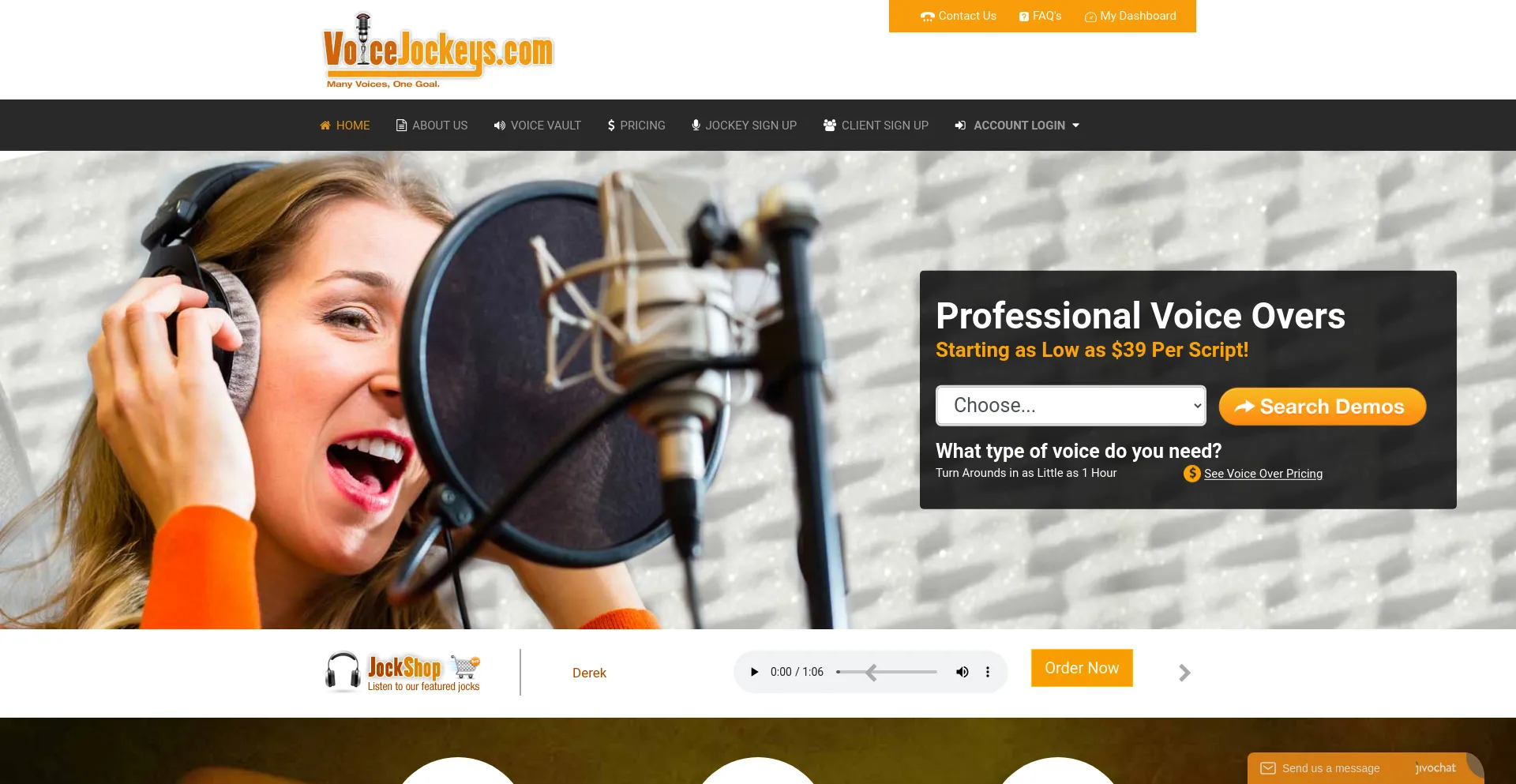 Screenshot of voicejockeys.com homepage