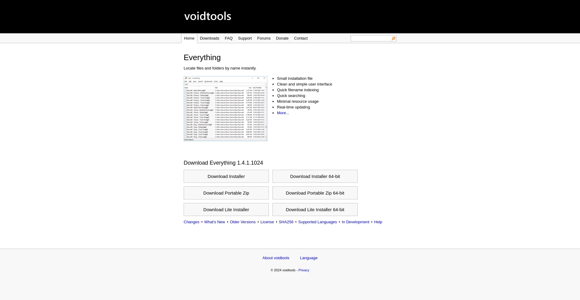 Screenshot of voidtools.com homepage