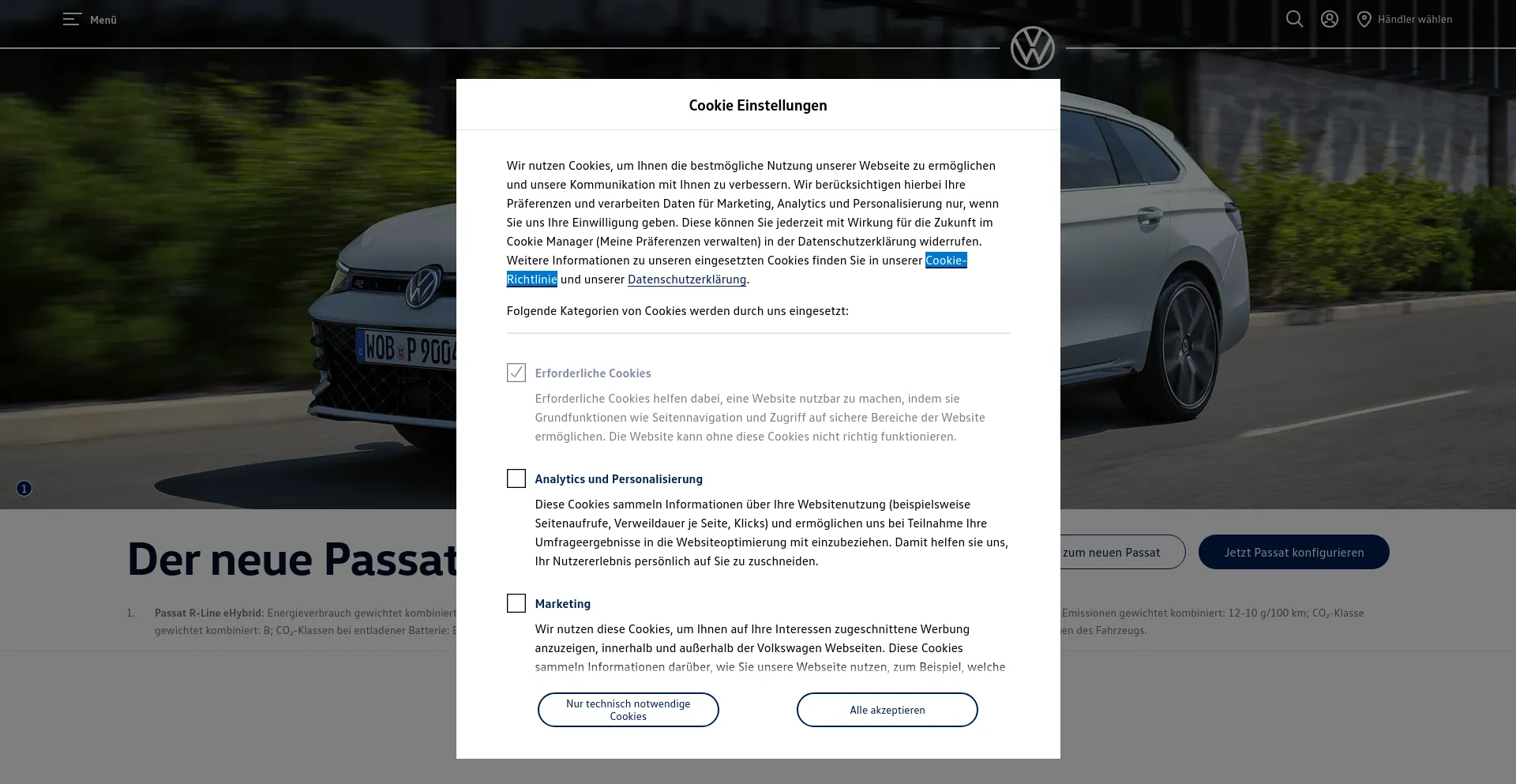 Screenshot of volkswagen.de homepage