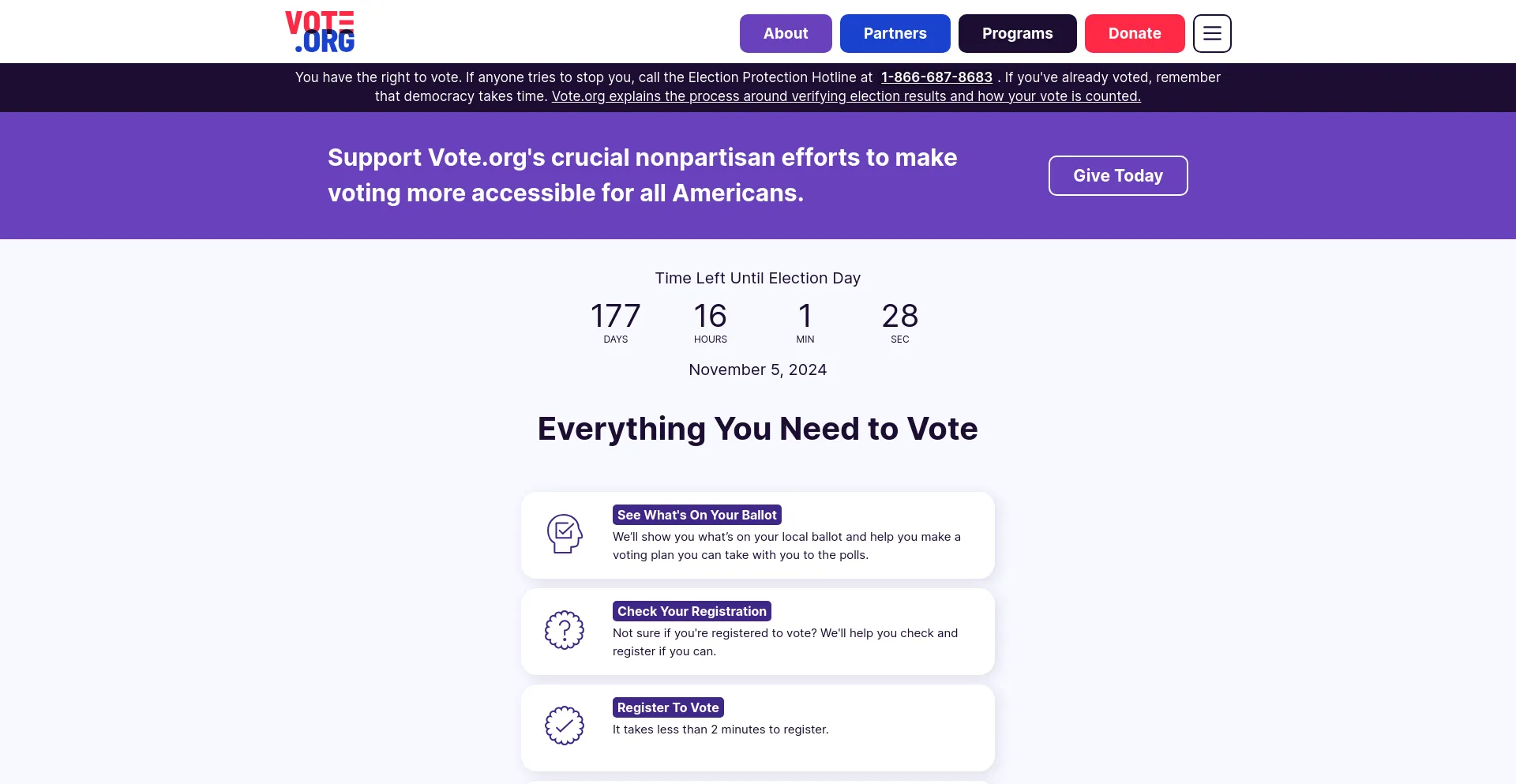 Screenshot of vote.org homepage