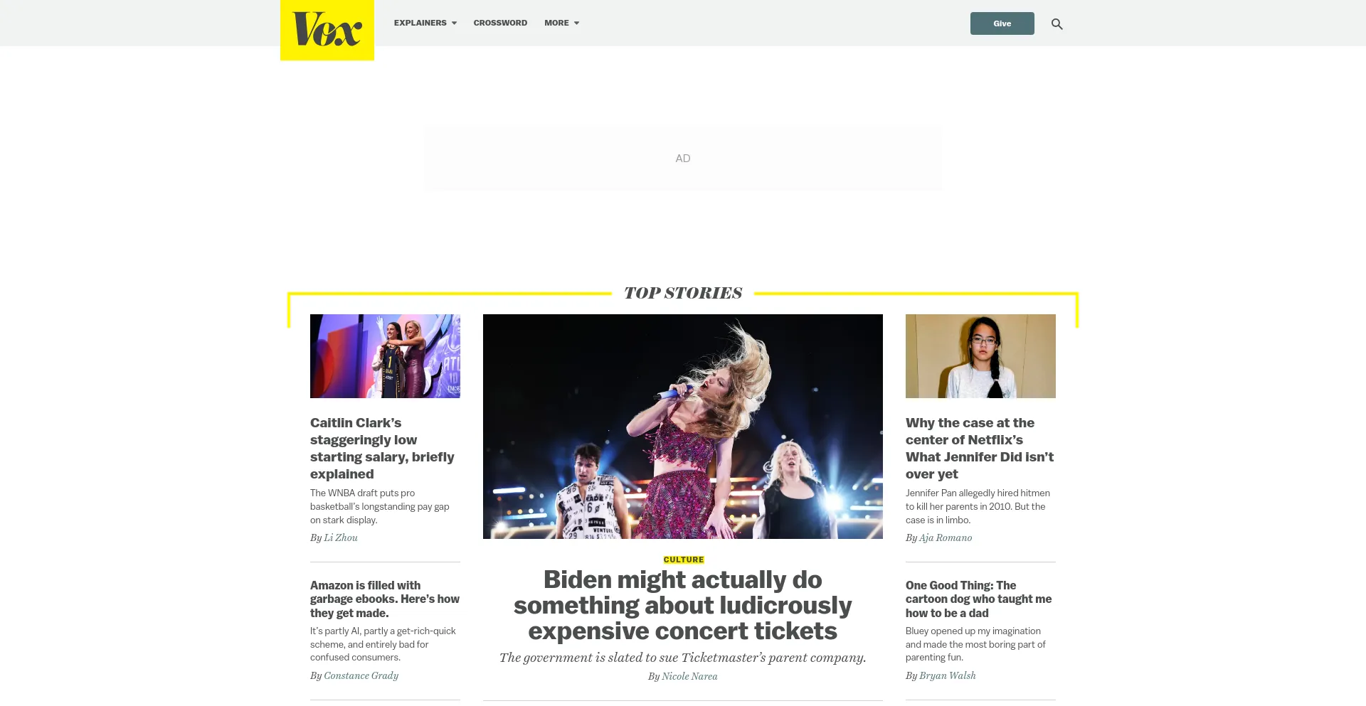 Screenshot of vox.com homepage