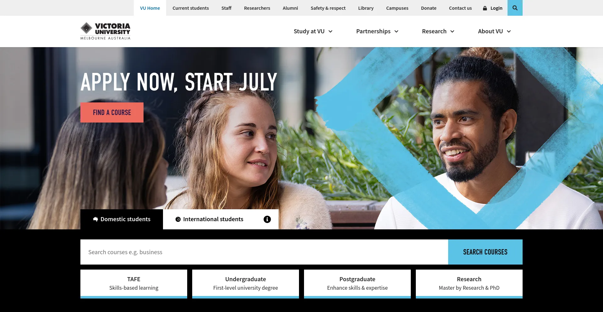 Screenshot of vu.edu.au homepage