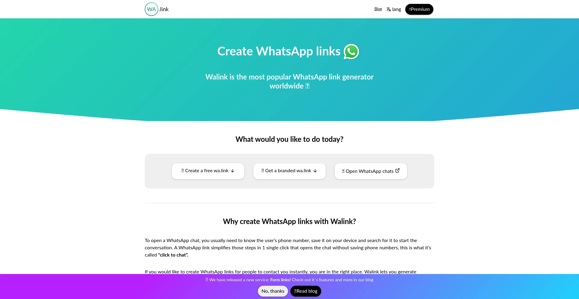 Screenshot of wa.link homepage