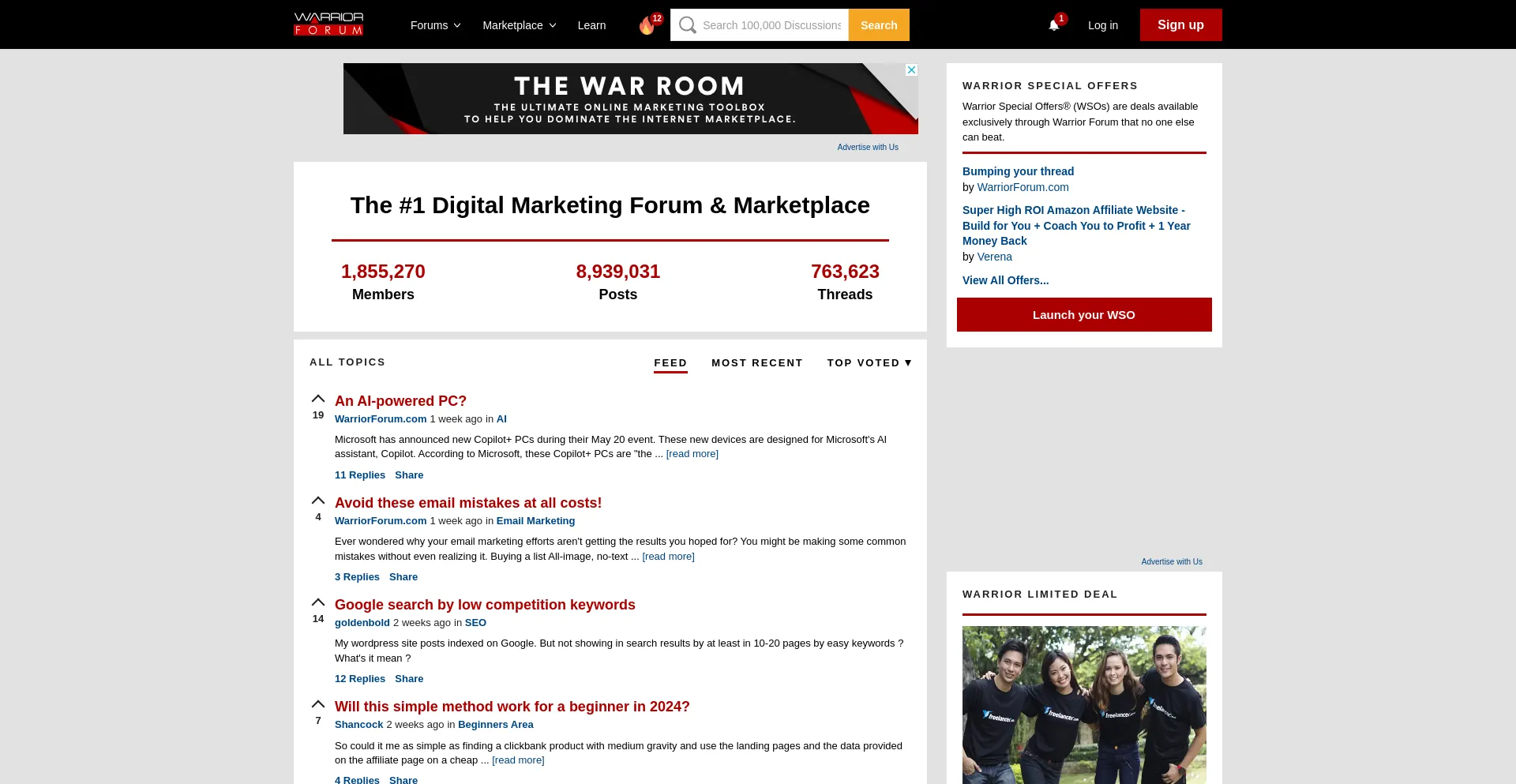 Screenshot of warriorforum.com homepage