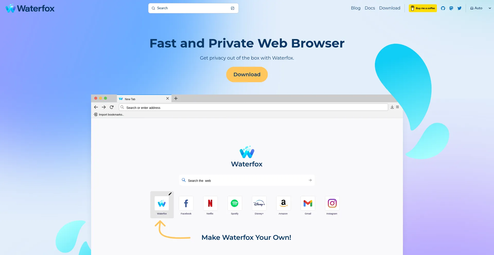 Screenshot of waterfox.net homepage