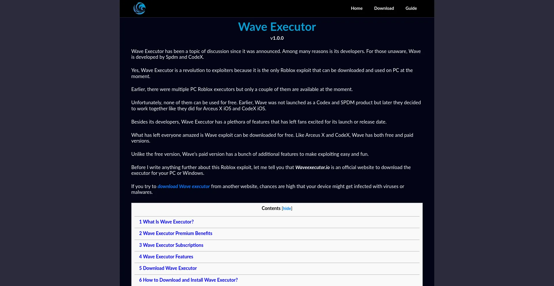 Screenshot of waveexecutor.io homepage