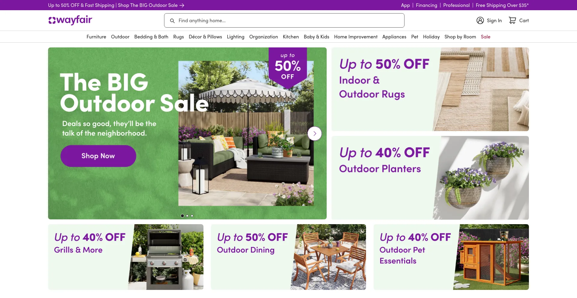 Screenshot of wayfair.com homepage