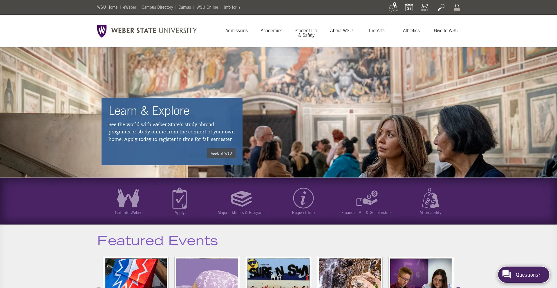 Screenshot of weber.edu homepage