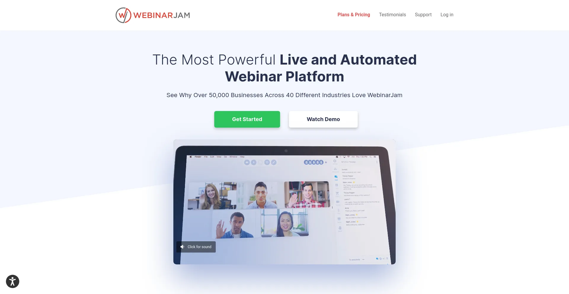 Screenshot of webinarjam.com homepage