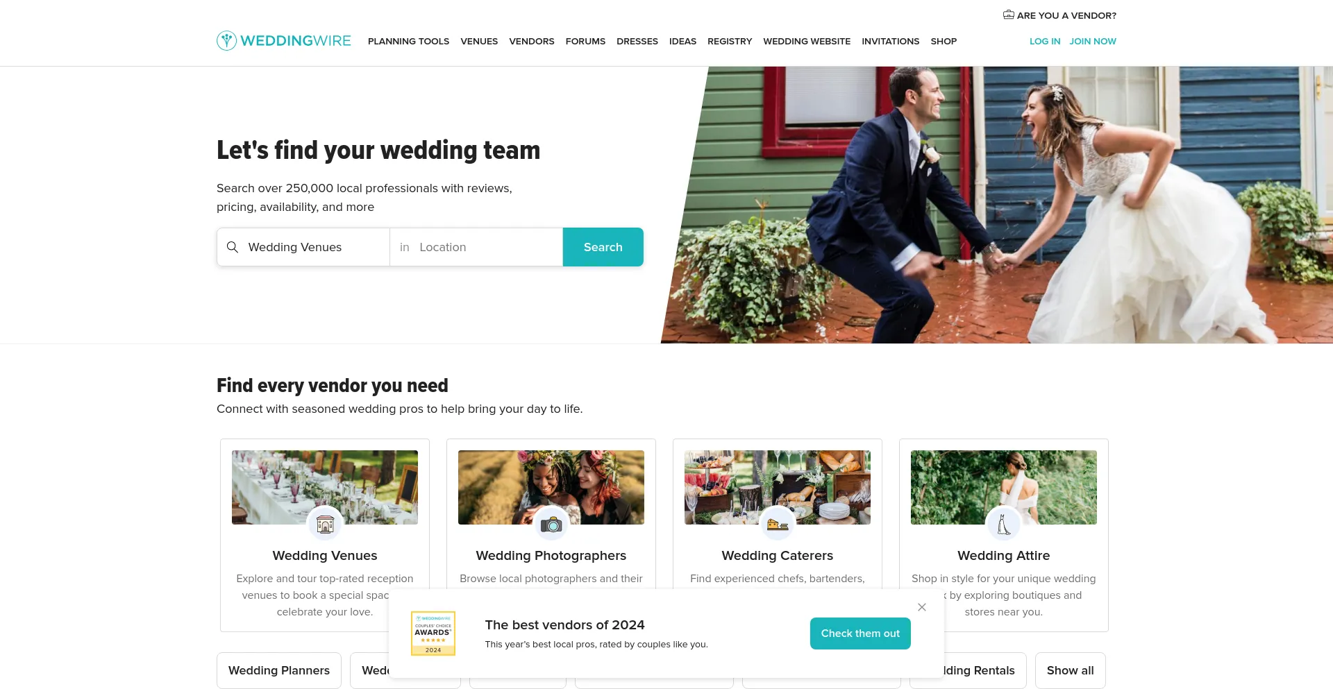 Screenshot of weddingwire.com homepage