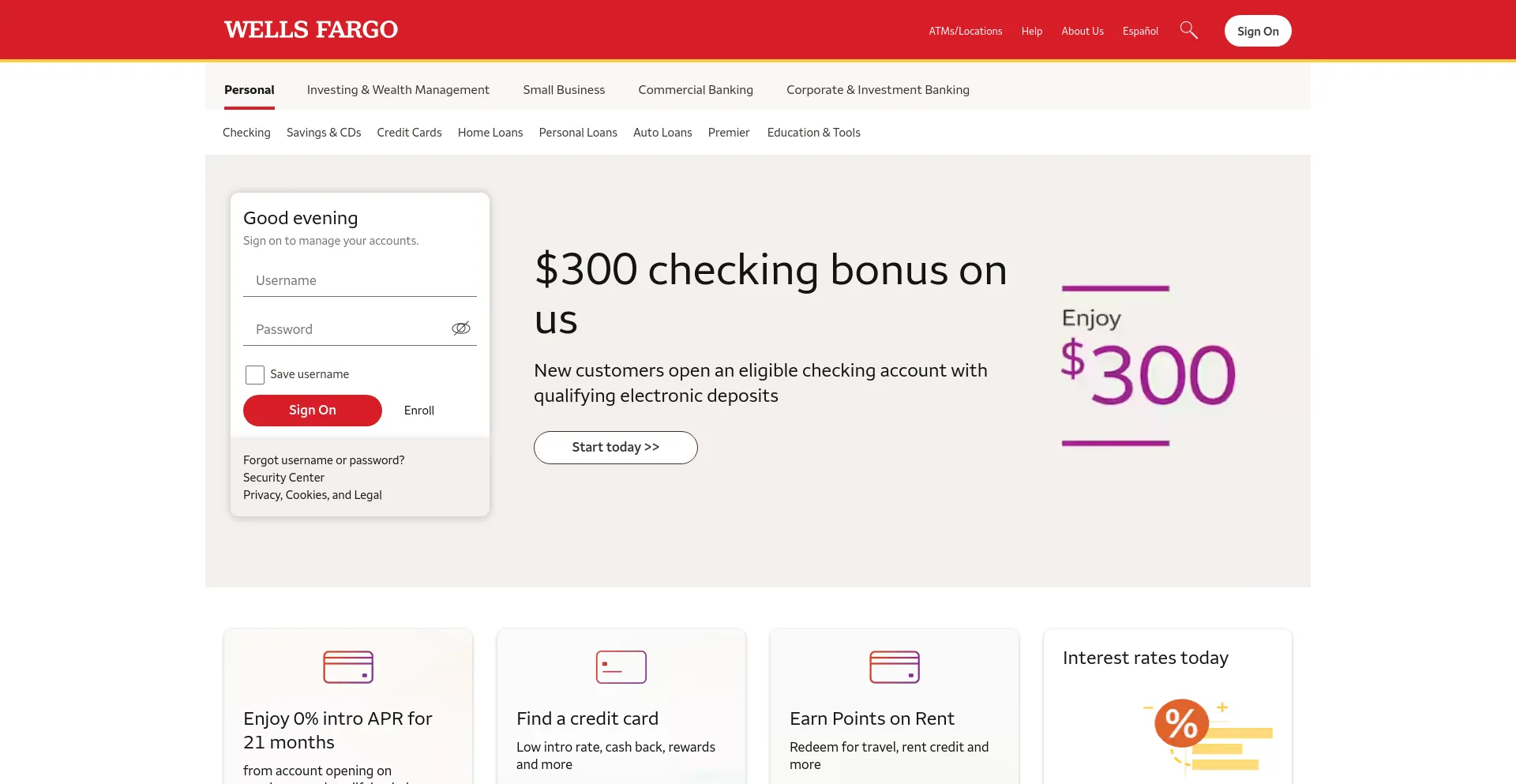 Screenshot of wellsfargo.com homepage