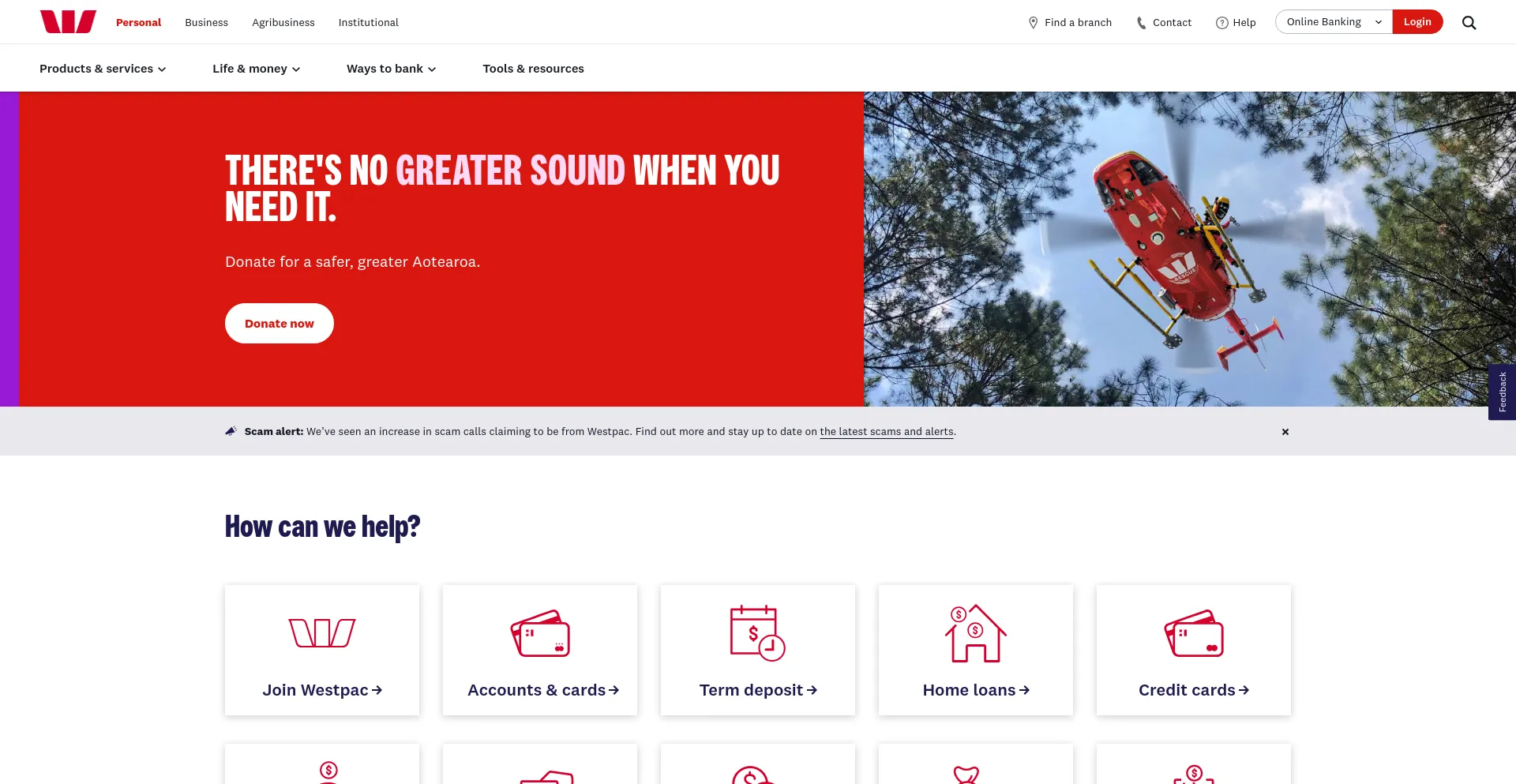 Screenshot of westpac.co.nz homepage