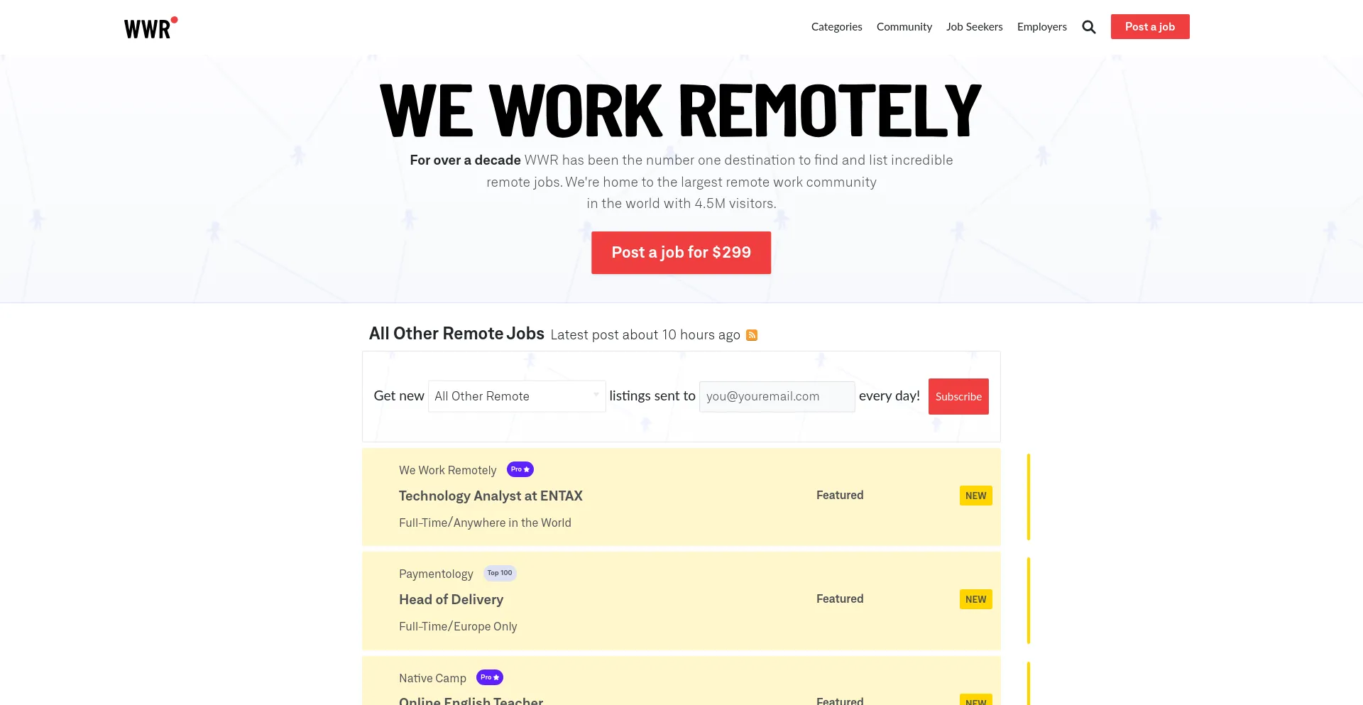 Screenshot of weworkremotely.com homepage