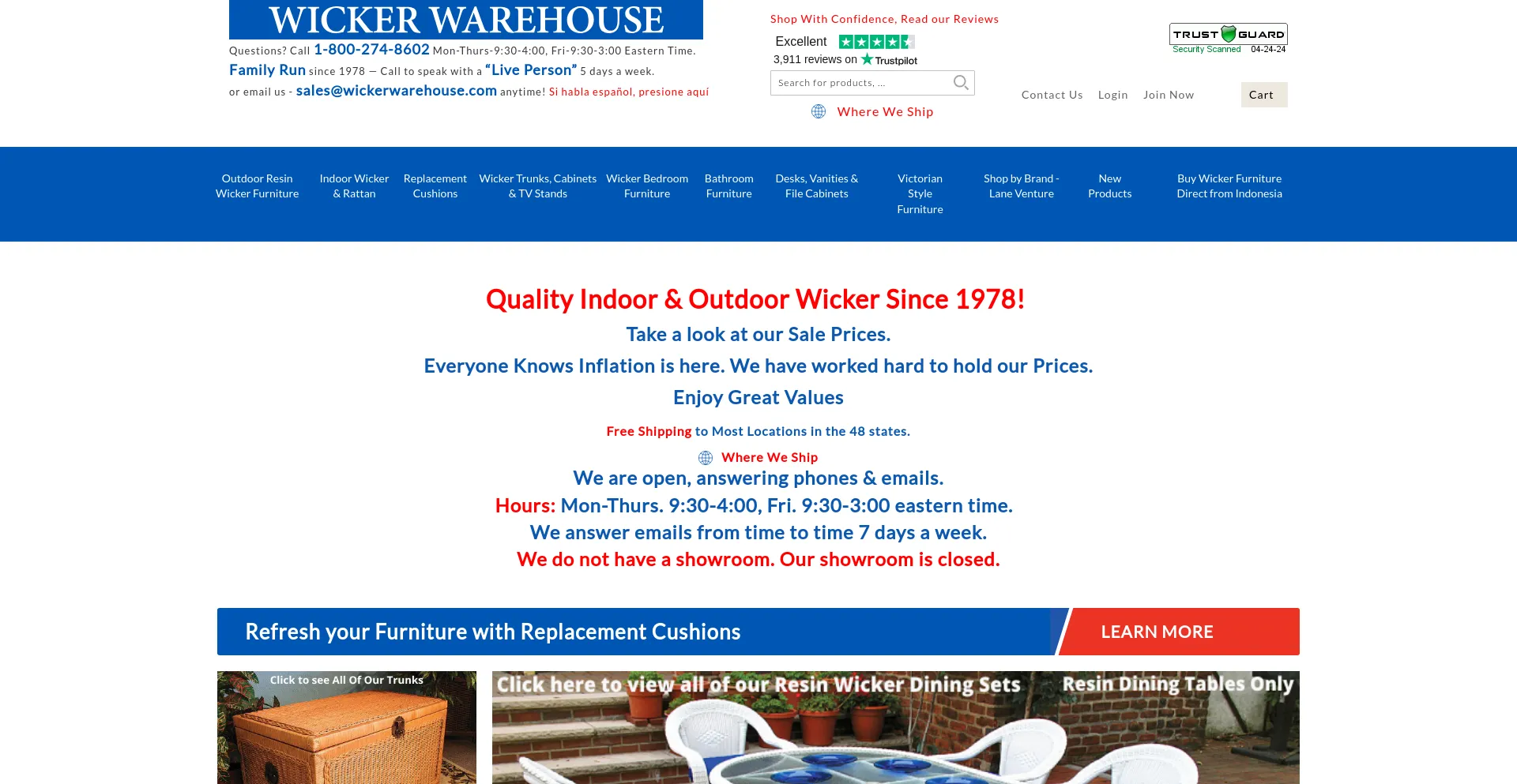 Screenshot of wickerwarehouse.com homepage