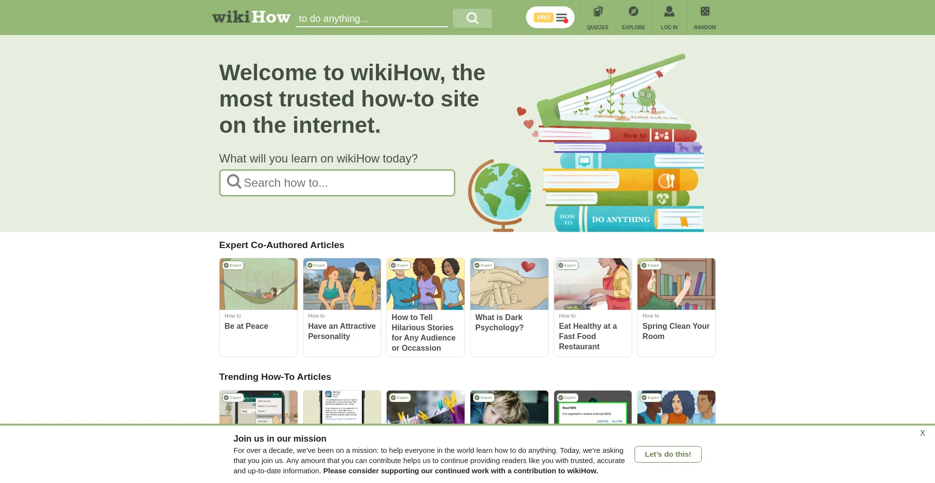 Screenshot of wikihow.com homepage