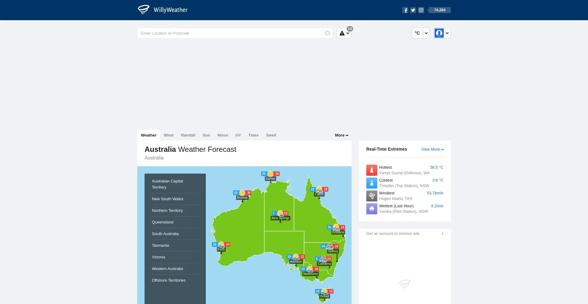 Screenshot of willyweather.com.au homepage