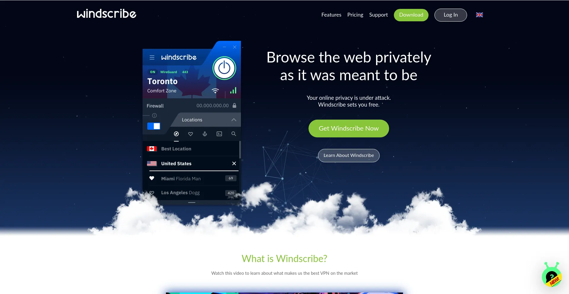 Screenshot of windscribe.com homepage