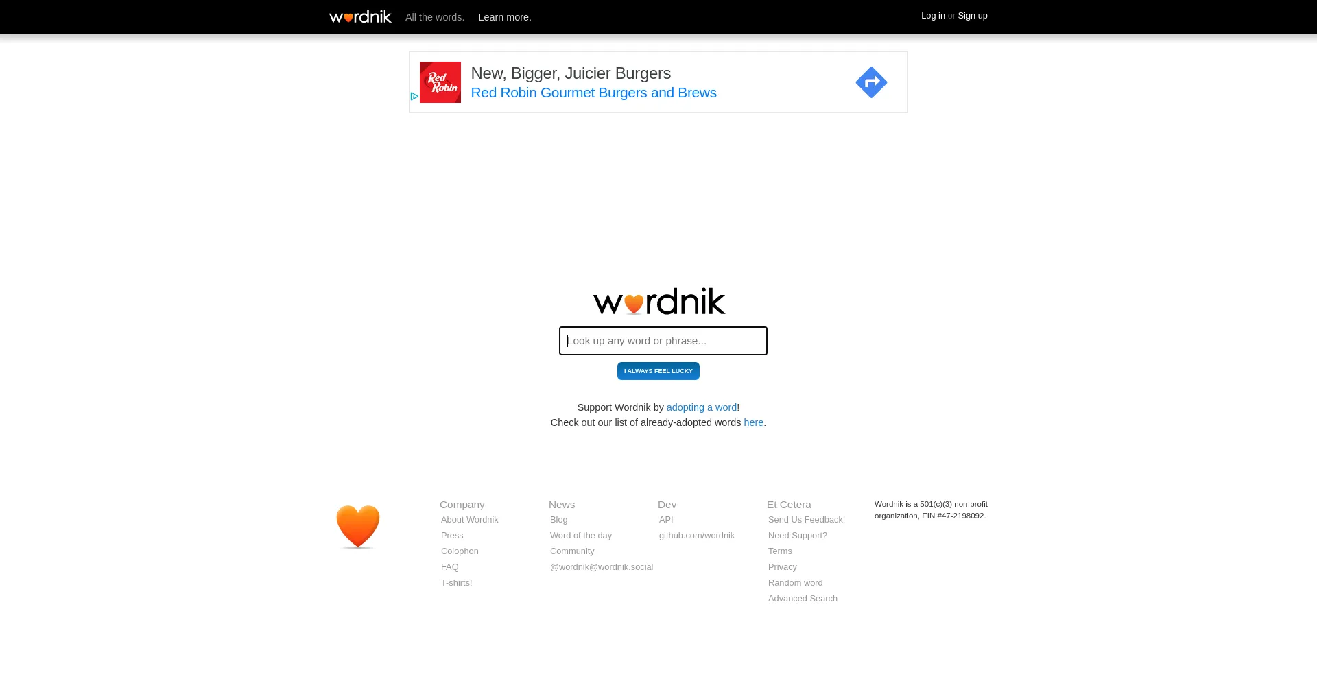 Screenshot of wordnik.com homepage