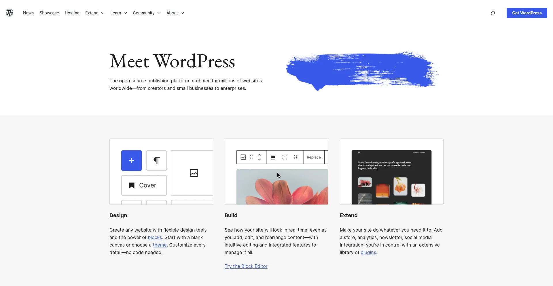 Screenshot of wordpress.net homepage