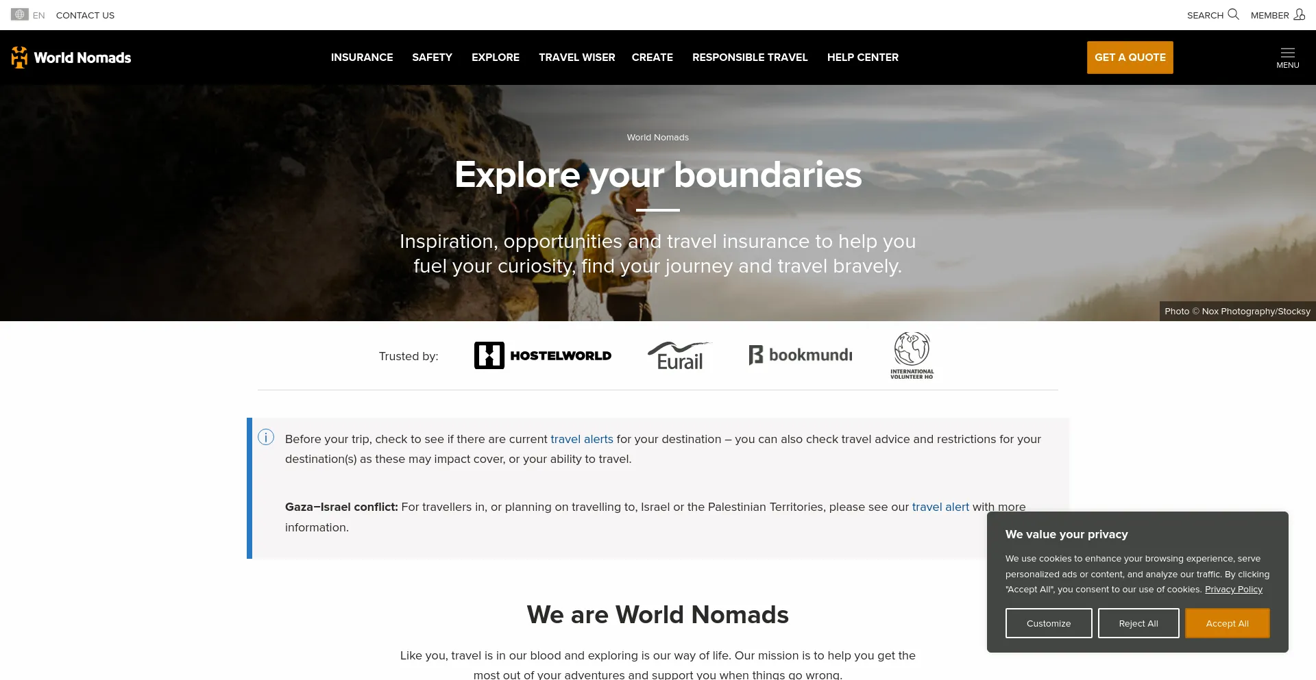 Screenshot of worldnomads.com homepage