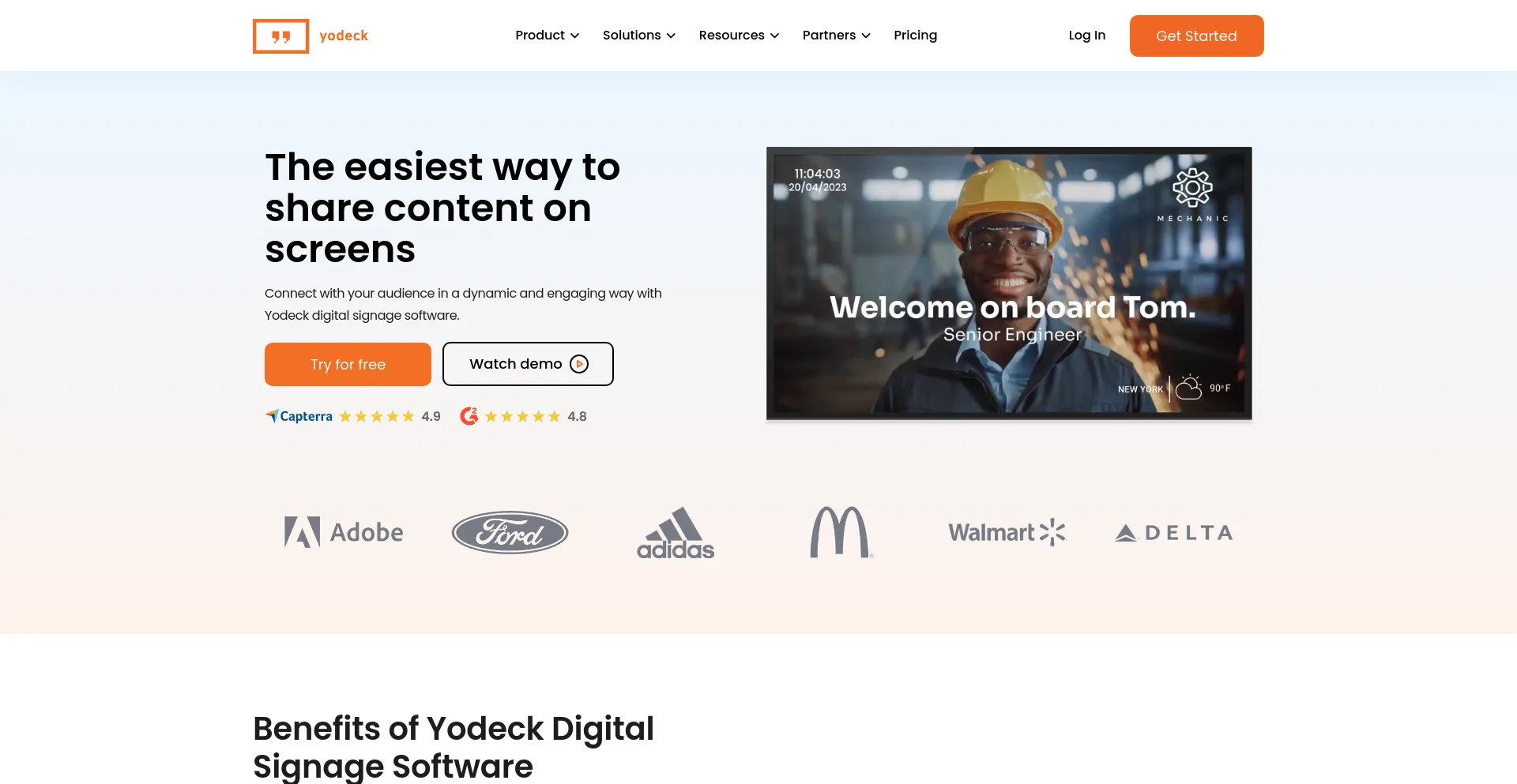 Screenshot of yodeck.com homepage