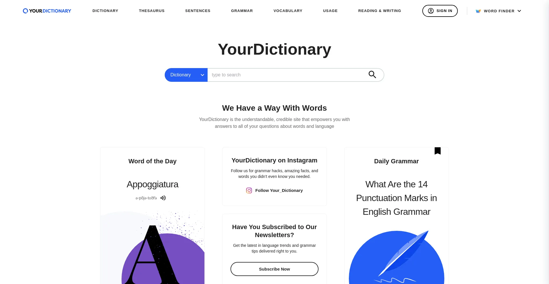 Screenshot of yourdictionary.com homepage