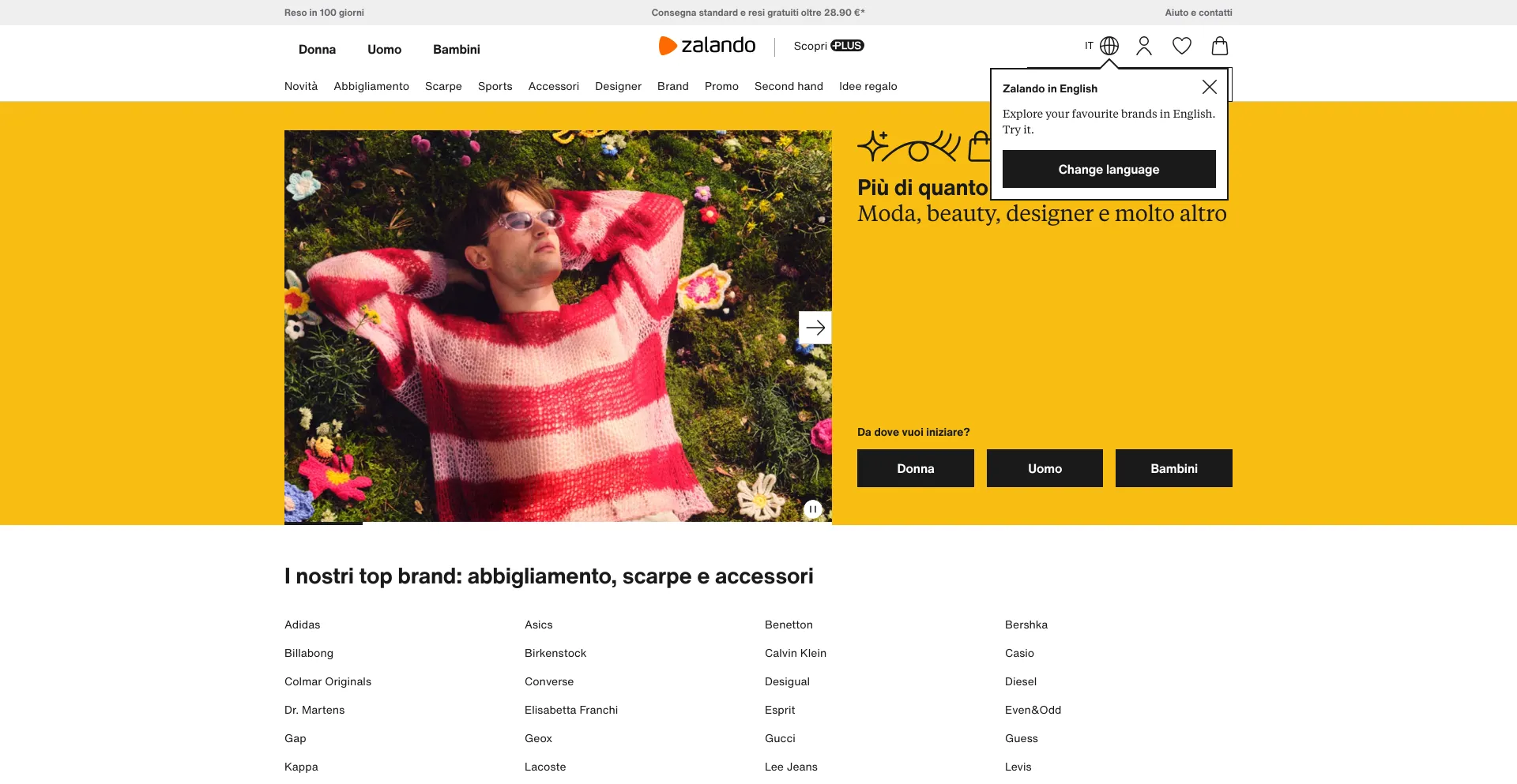 Screenshot of zalando.it homepage