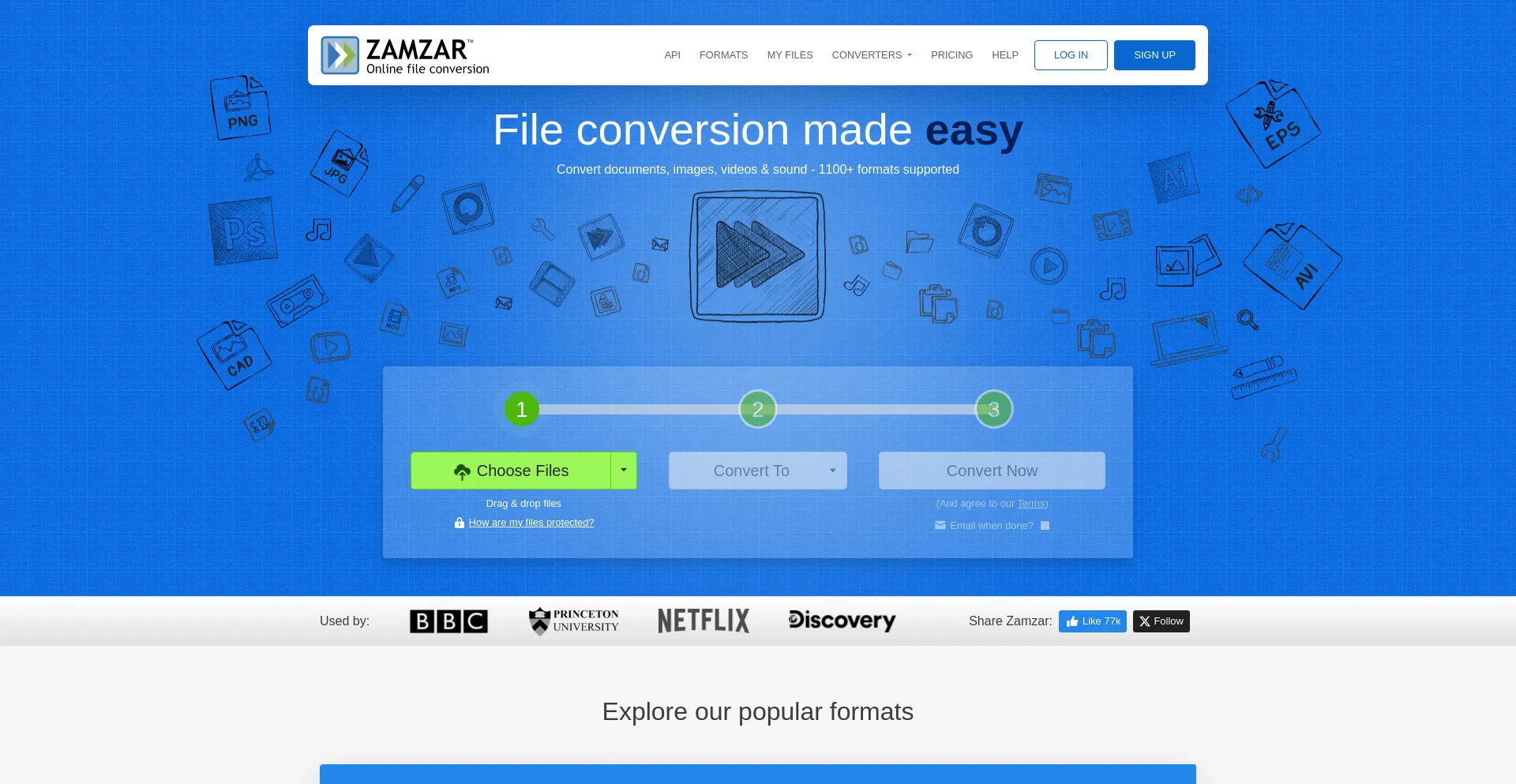 Screenshot of zamzar.com homepage