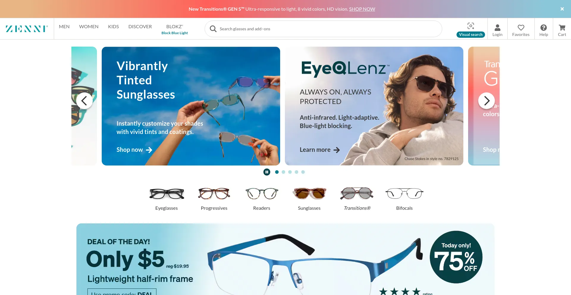 Screenshot of zennioptical.com homepage