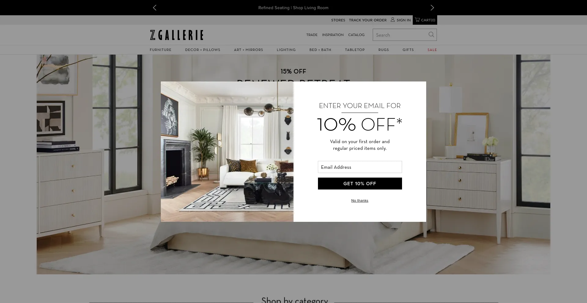 Screenshot of zgallerie.com homepage