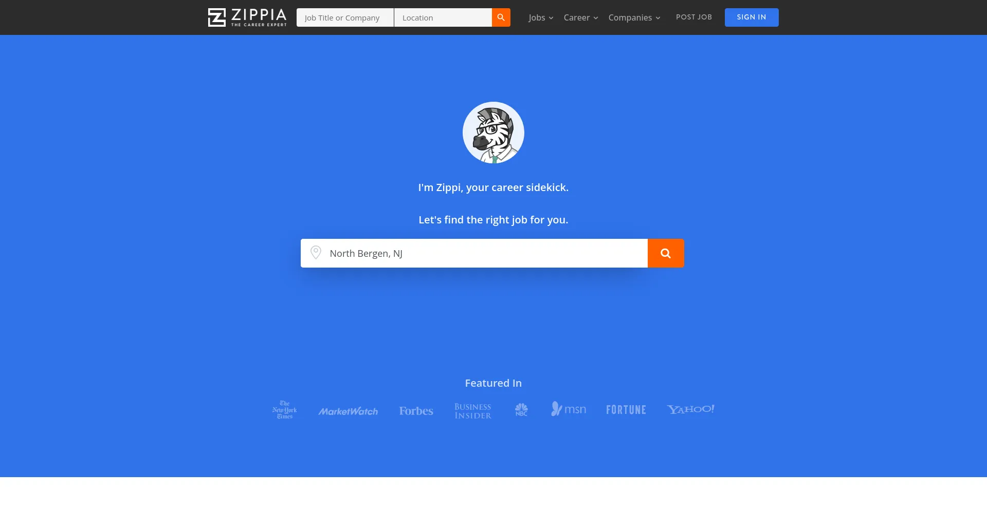 Screenshot of zippia.com homepage