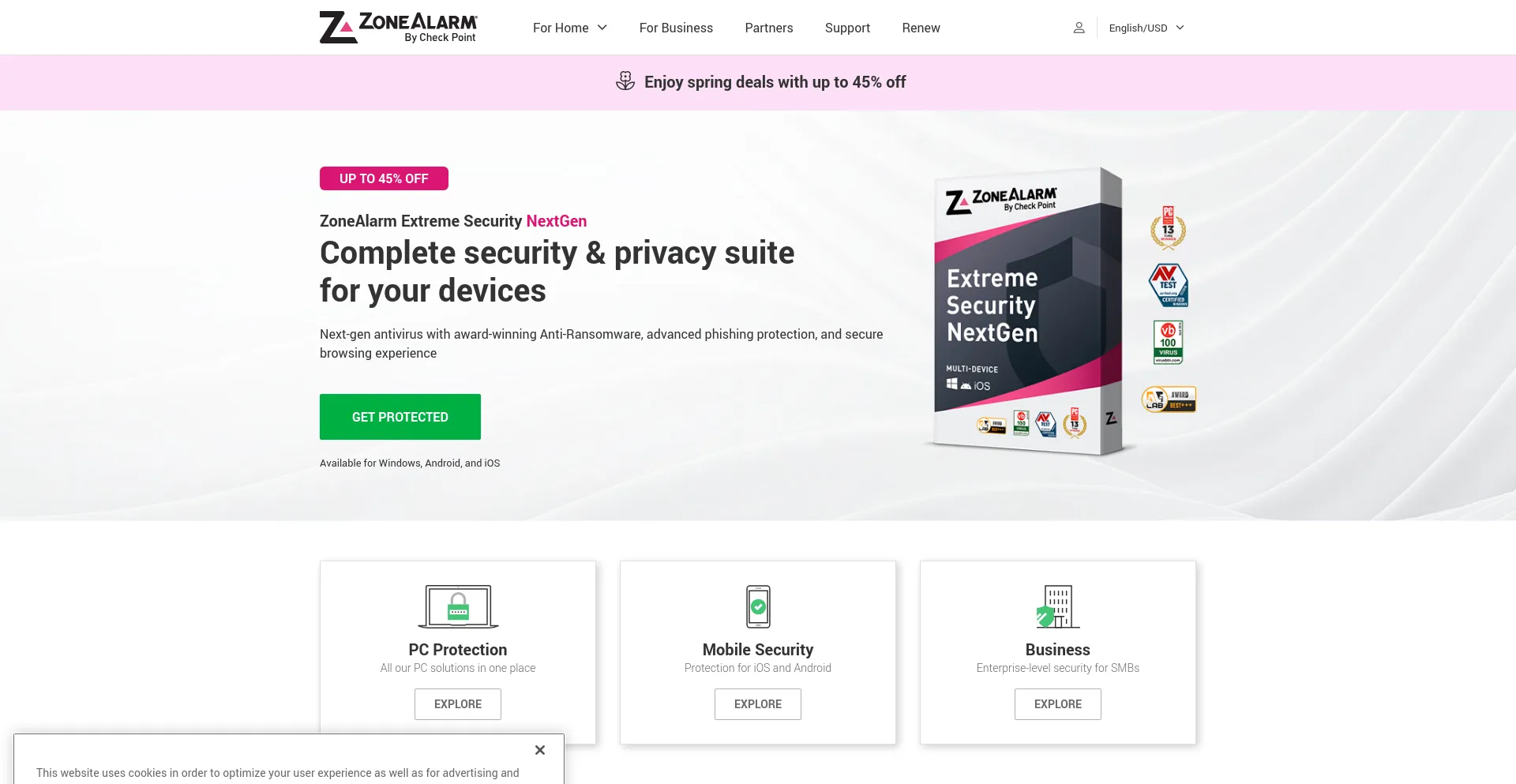 Screenshot of zonealarm.com homepage