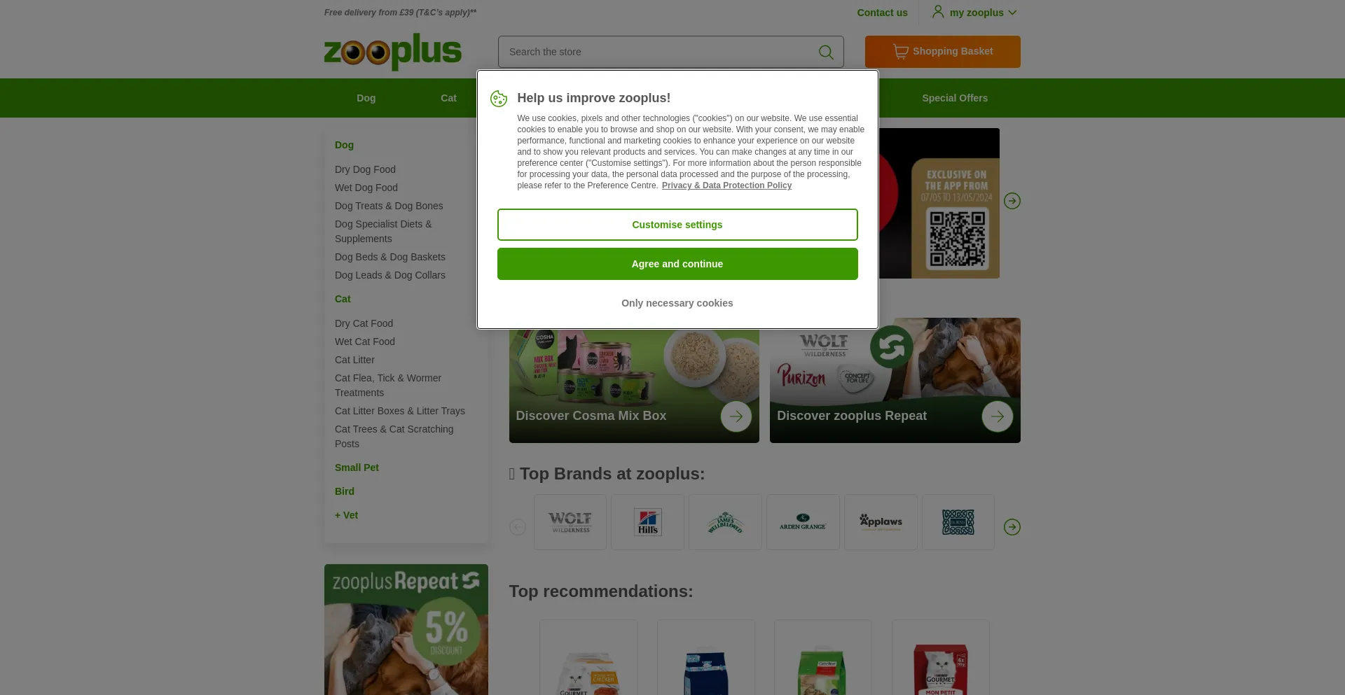 Screenshot of zooplus.co.uk homepage