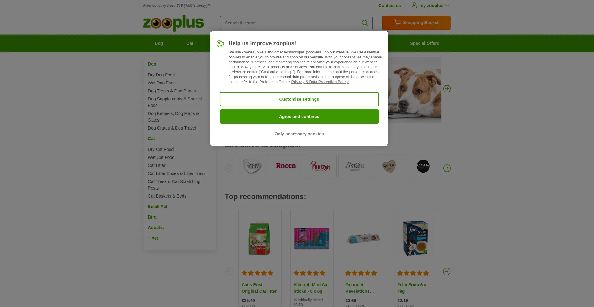 Screenshot of zooplus.com homepage
