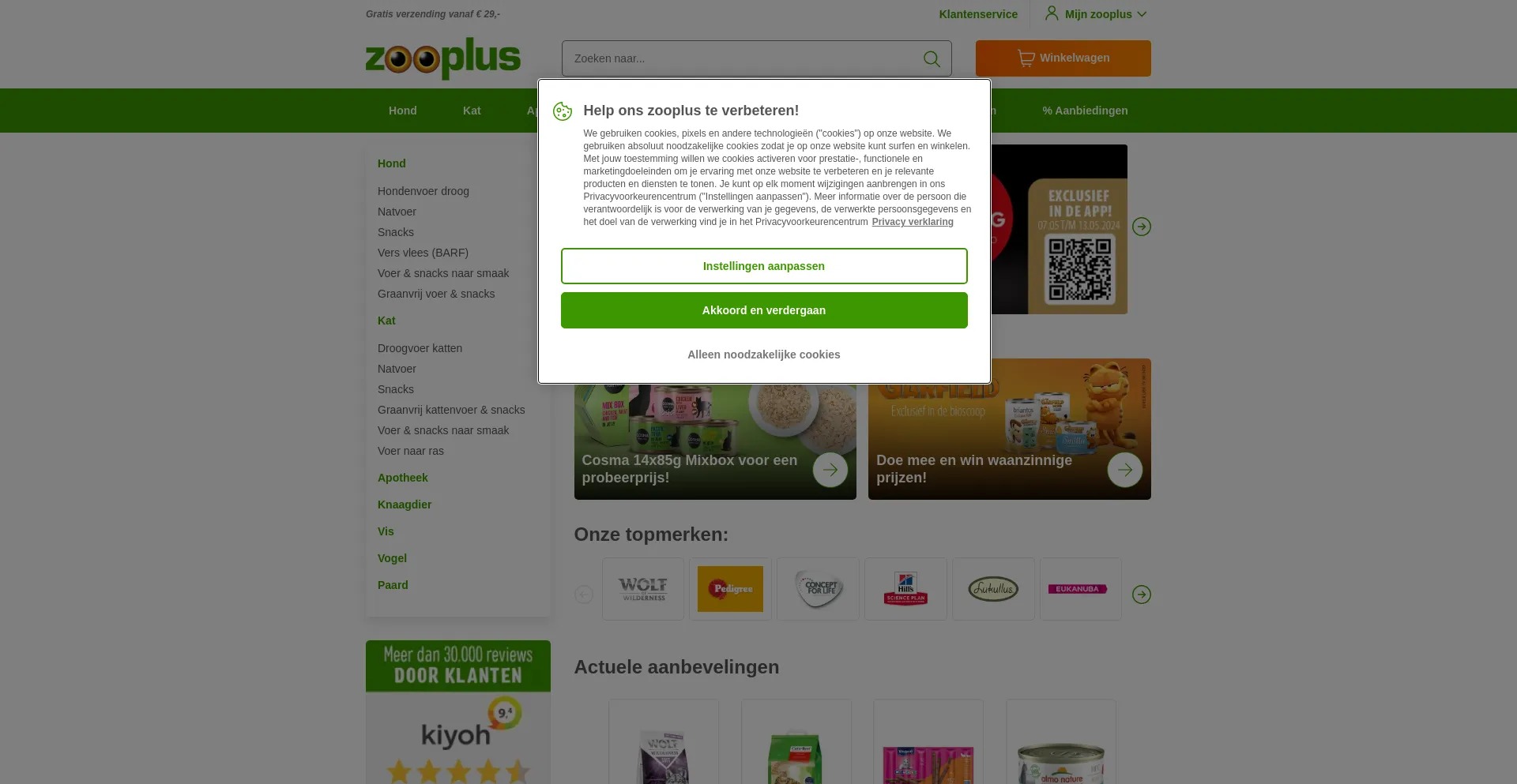 Screenshot of zooplus.nl homepage
